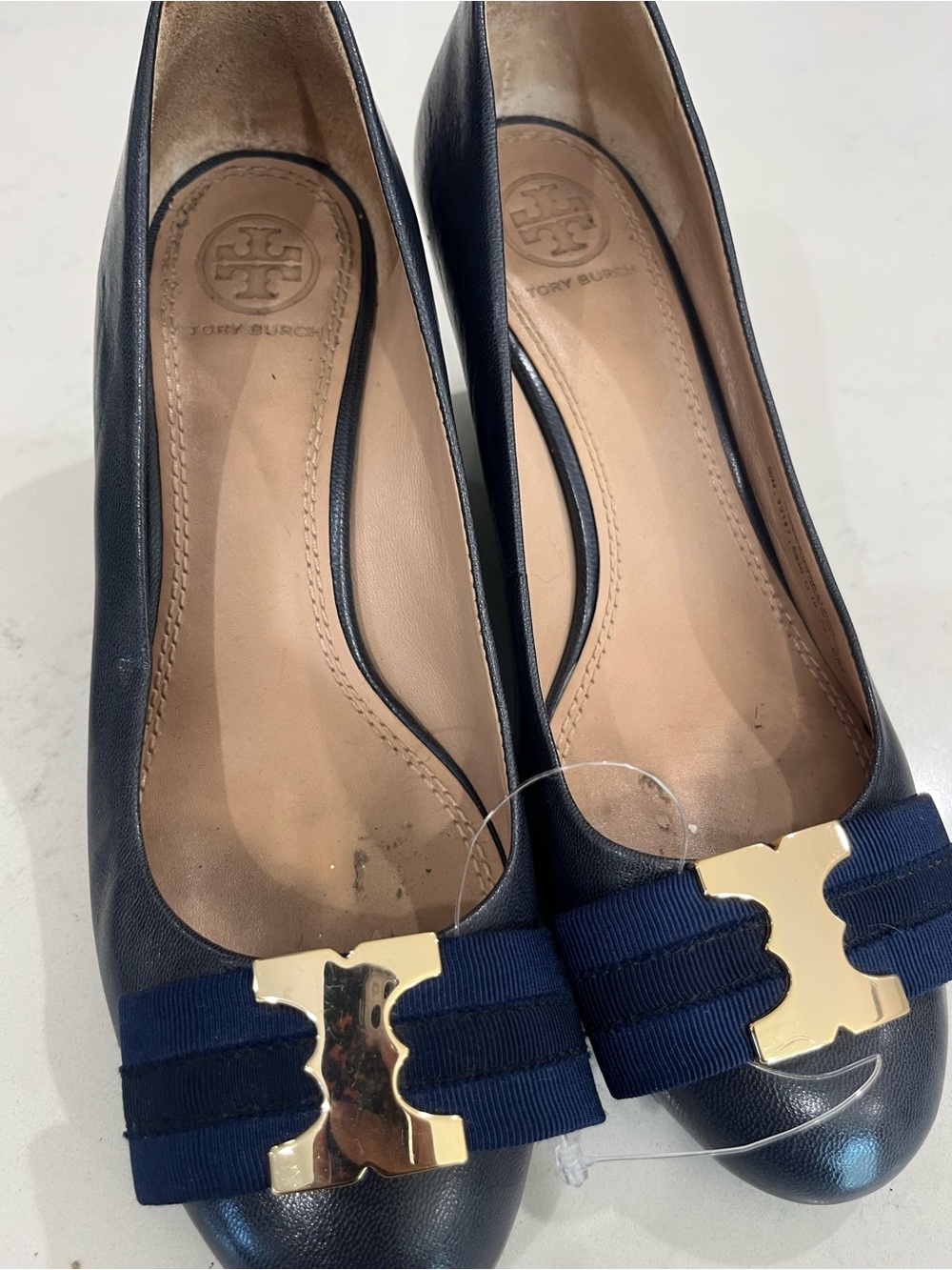 Tory Burch Navy Leather Heels with Gold Logo Bow